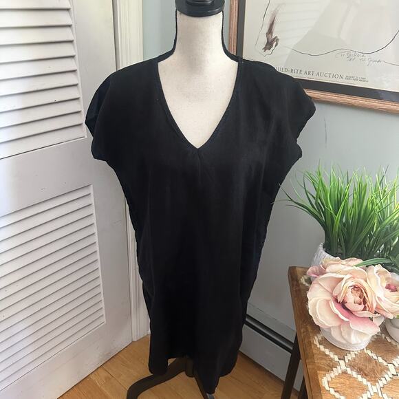 RIVER SKY Womens Dress XS Black Linen Shift Pockets V-Neck Lagenlook Minimalist - Picture 1 of 10
